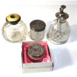 Silver vanity items includes perfume and silver top jars enamel wear and missing top as shown please