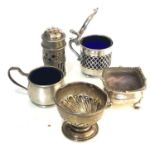 Selection of silver cruet items includes mustard salts and pepper etc