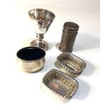 Selection of silver items includes salts pepper etch egg cup not hallmarked but does xrt test as
