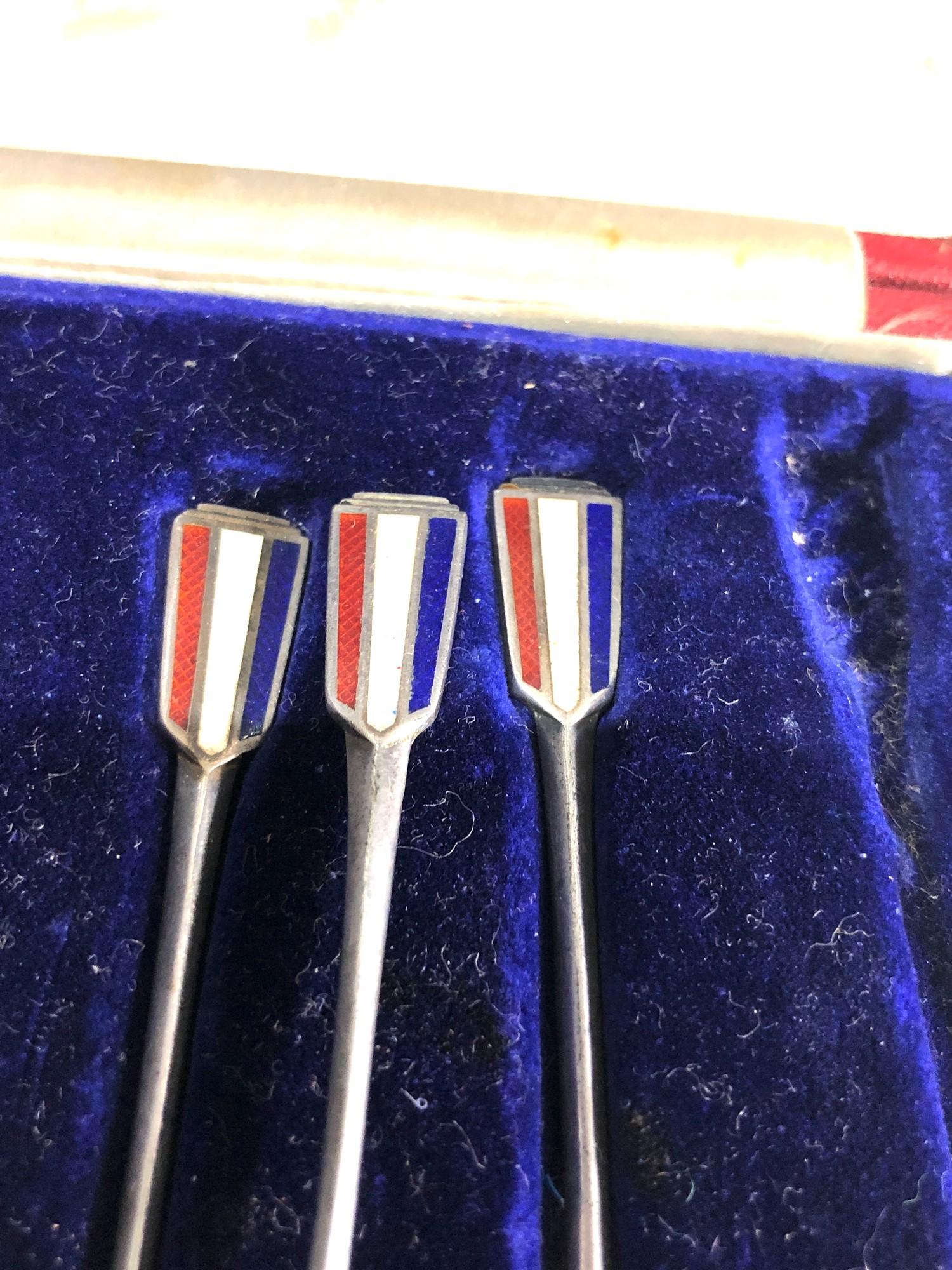 Boxed set of silver and enamel tea spoons Birmingham silver hallmarks - Image 3 of 4