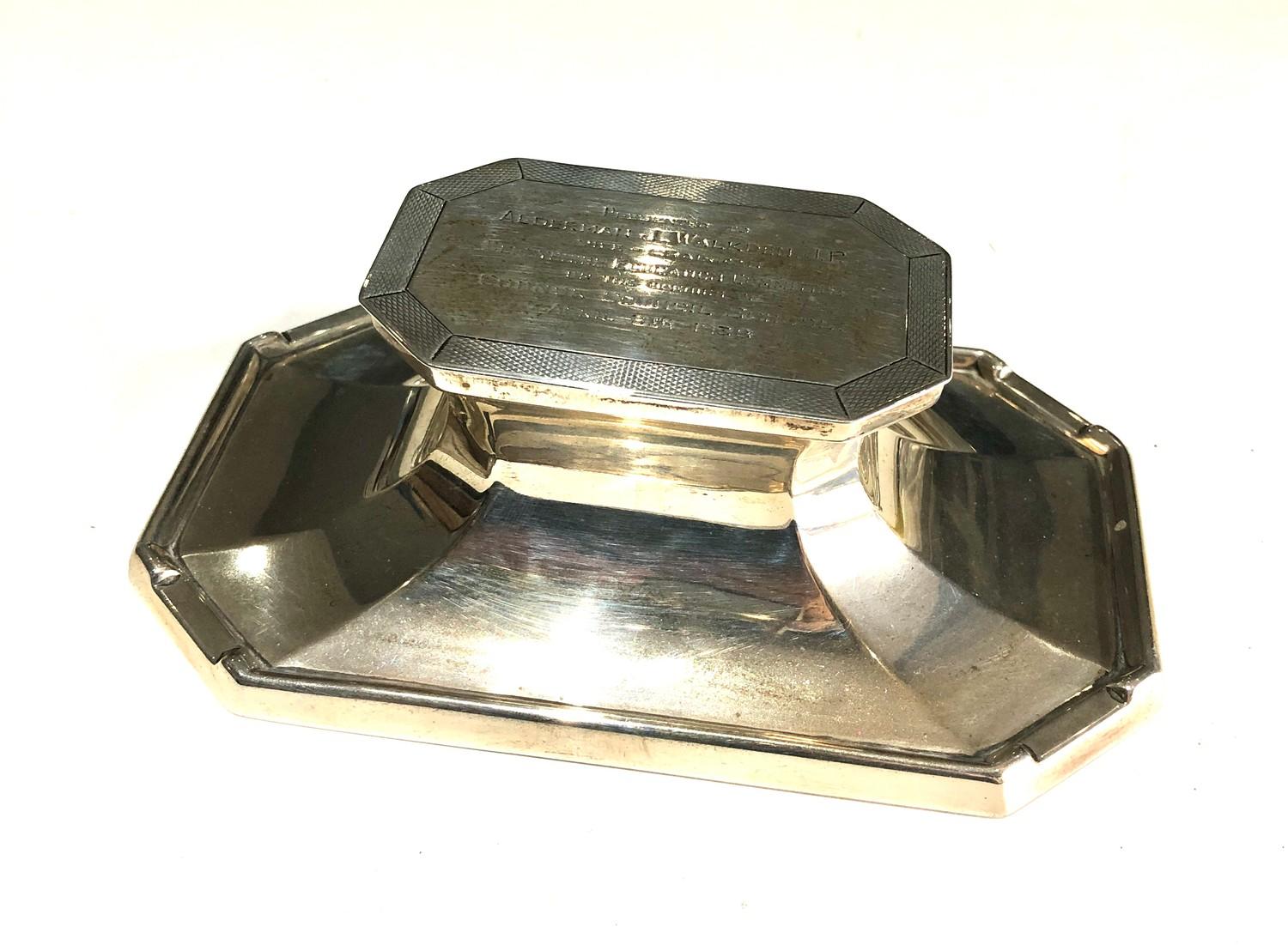 Silver desk inkwell measures approx 16cm by 10cm height 5.5cm Birmingham silver hallmarks