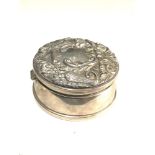 Round silver jewellery box measures approx 8.5cm dia height 4.5cm fitted interior Birmingham