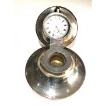 large silver desk inkwell with pocket watch lid measures approx 11.5cm dia height 7cm watch not