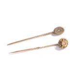 2 Antique 15ct gold & diamond stick pins measure approx 5.3cm -5.4cm long weight 2.6g