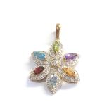 9ct gold diamond and gem jet aqua , topaz amethyst and citrine pendant weight 4.8g