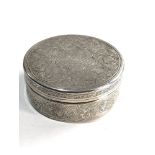 Round islamic Egyptian silver box measures approx 9.5cm dia height 3.7cm weight 154g