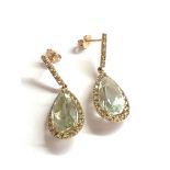 Vintage 9ct gold green gemstone teardrop halo drop earrings