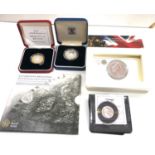 Selection of 5 silver coins includes royal mint £2 britannia quarter ounce , 2 silver proof £2 etc