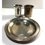 Selection of French silver items includes plate and 2 beakers weight 318g