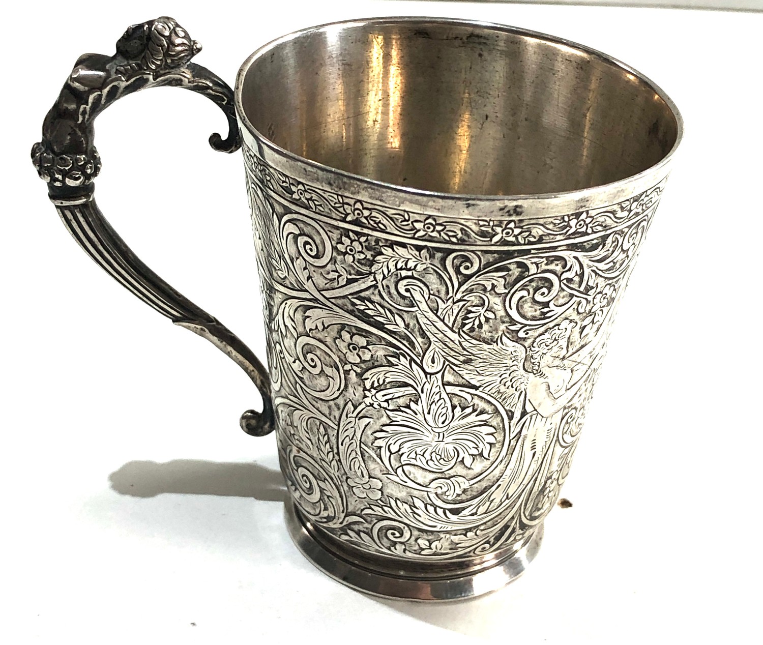 Fine Antique French silver handled cup fine embossed detail of angels and floral pattern design - Image 2 of 11