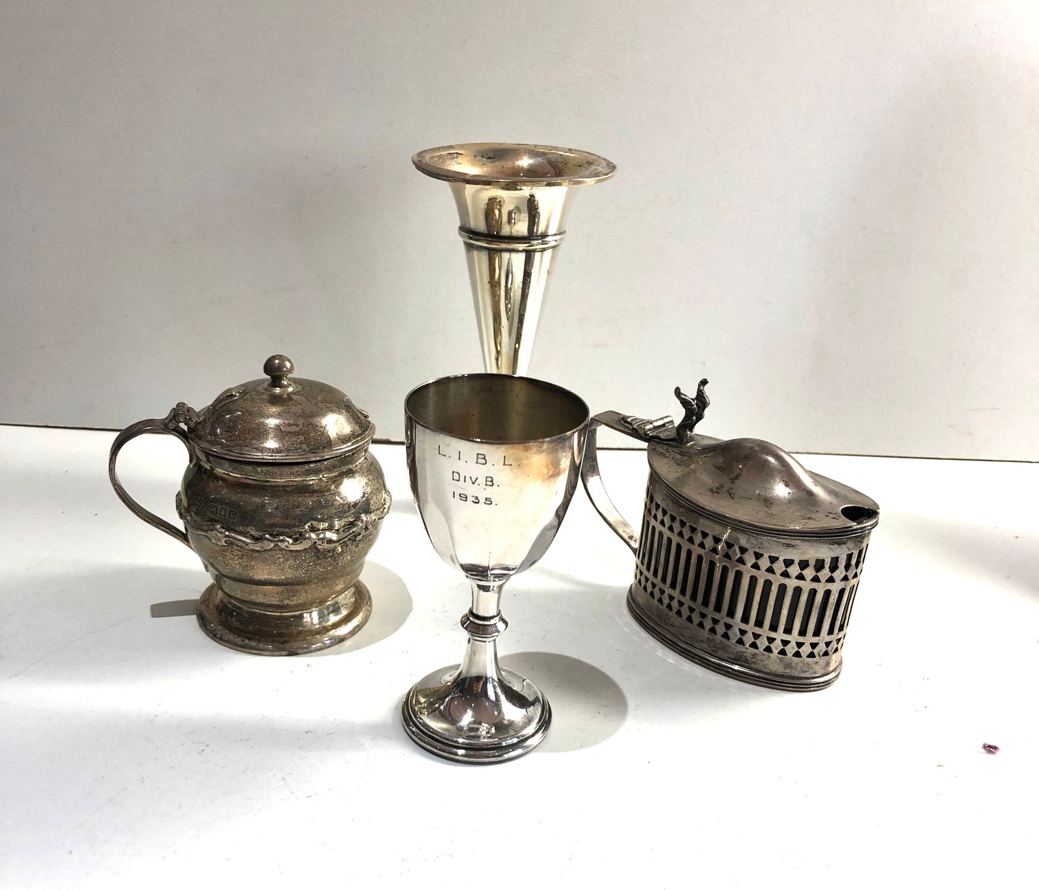 Selection of silver items includes mustard pots posy vase and egg cup weighable silver weight 260g - Image 2 of 3