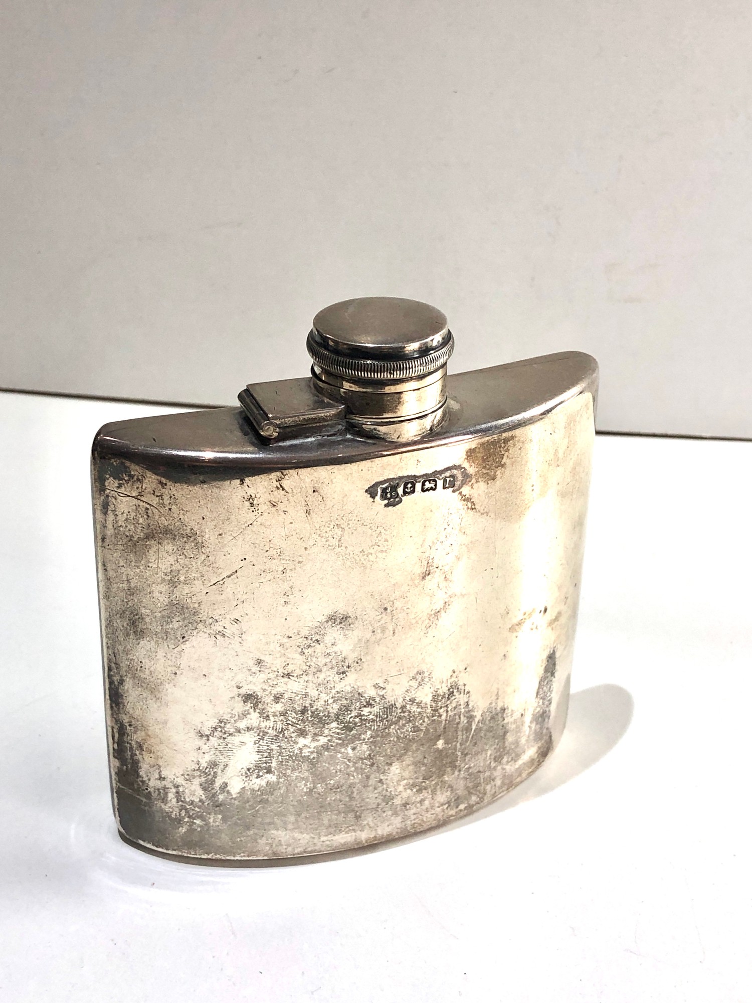 Large vintage silver hip flask measures approx 11cm wide height 11cm weight 214g