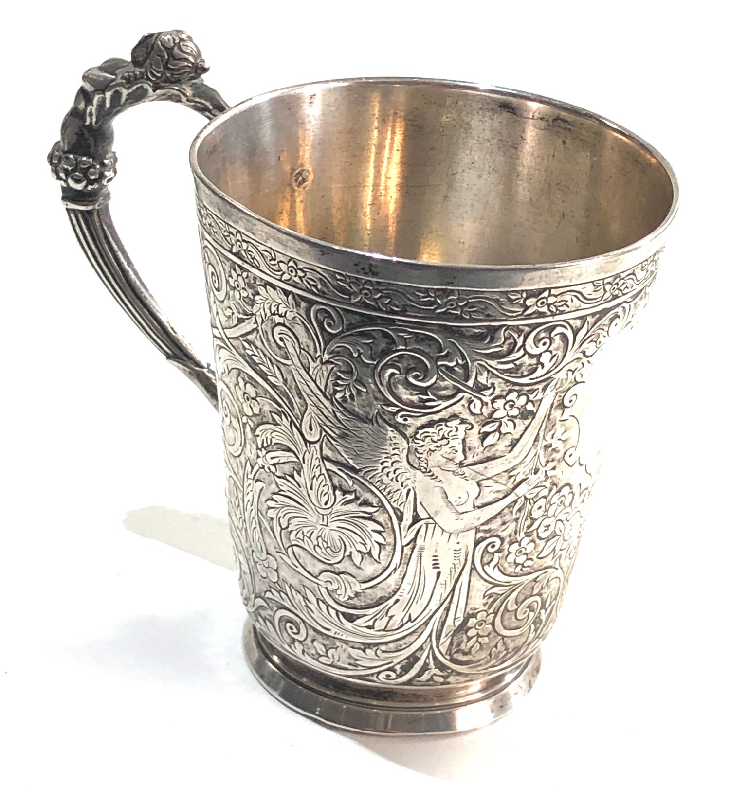 Fine Antique French silver handled cup fine embossed detail of angels and floral pattern design