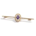 15ct gold amethyst & seed pearl antique bar brooch weight 4.1g