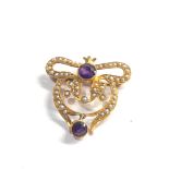 15ct gold antique amethyst & seed pearl drop brooch weight 4g