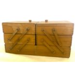 Expanding wooden sewing box with contents