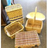 Selection of 5 wicker baskets, includes laundry basket picnic basket etc