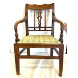 Antique period elm dining carver chair, tapestry seat, overall height: 32 inches, seat height: 15