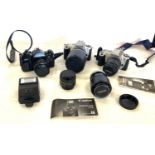 Selection of assorted cameras includes canon A-1, canon EOS 300 etc