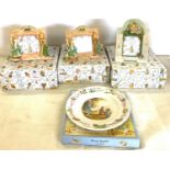 3 boxed Peter rabbit picture frames and a Boxed Wedgwood peter rabbit bowl