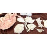 Selection antique linen and lace children's bonnets and neck laces etc