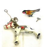 Vintage Metal Muffin the Mule Toy with articulating moving legs, Wind up tin bird with key