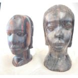2 African carved heads, approximate height 8.5 inches