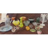 Selection of vintage glassware to include handkerchief glass bowl, paperweights, cranberry, carnival