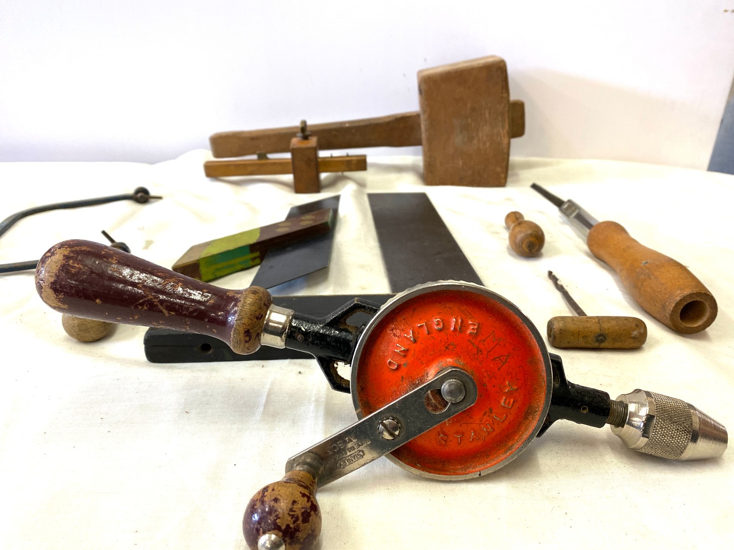 Selection of vintage wood workers tools, includes had drill etc