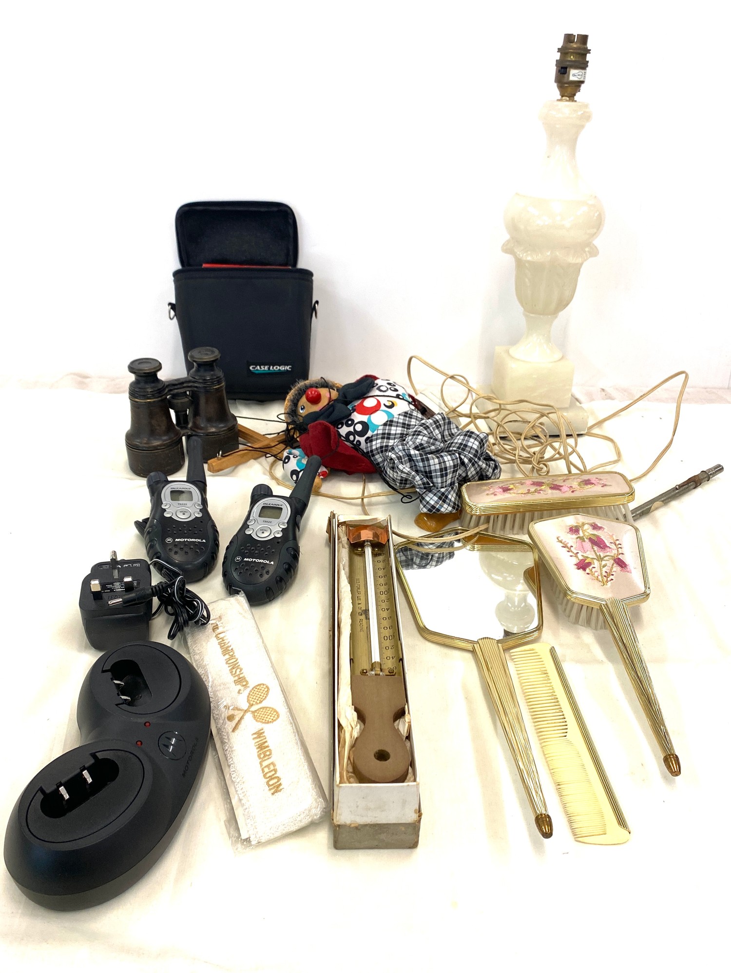 Selection of vintage and alter items to include wooden puppet, walkie talkies, binoculars etc