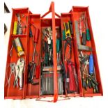 Metal cantilever tool box, with a large selection of tools etc