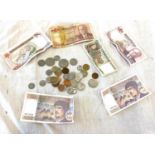 Selection of assorted foreign notes + coins etc