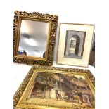 2 Framed pictures, 1 in a gilt frame and a chalk framed mirror