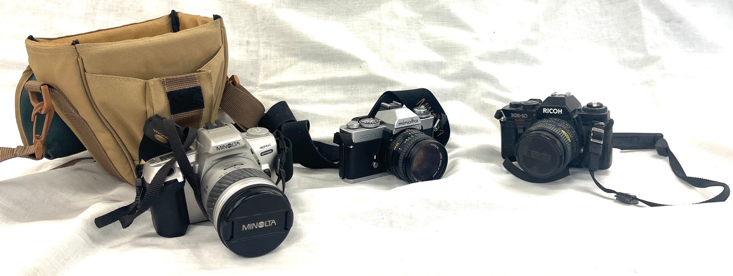 Selection of camera and cases to include, Ricoh KR-10, Minolta XD 5, Minolta 404si, all untested