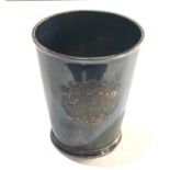 Vintage silver presentation beaker with engraved crest measures approx 9.4cm high weight 210g London