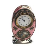 19th century pink guilloche enamel boudoir desk clock with cherub panels and Watteauesque panel of
