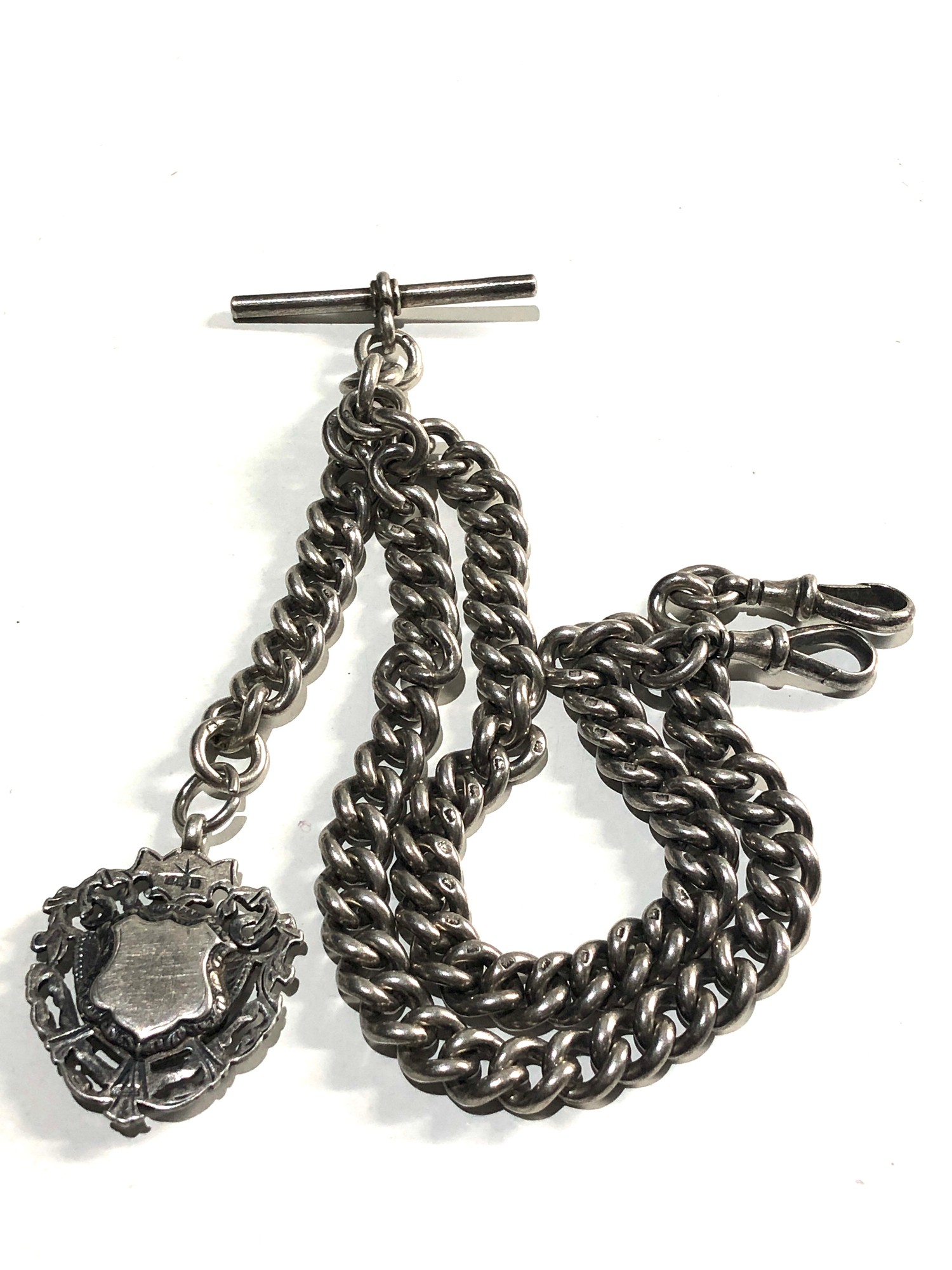 Fine Chunky antique silver double albert pocket watch chain and fob links measures approx 10mm by