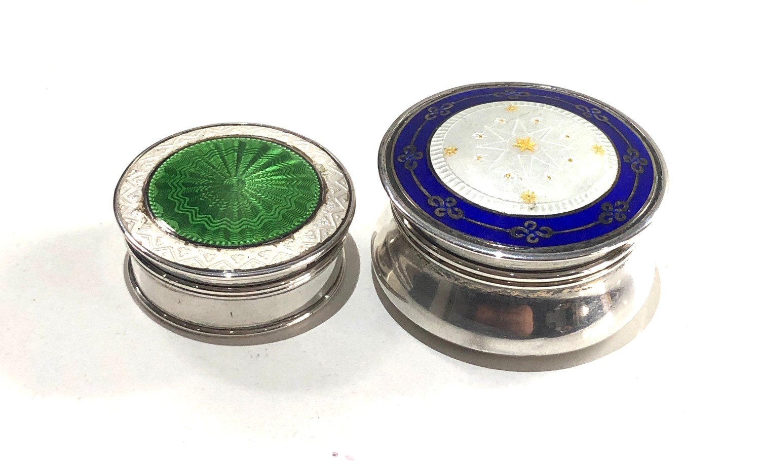 2 Antique Silver & guilloche enamel lid Pill Boxes both have Birmingham silver hallmarks as shown