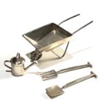Vintage silver miniature garden set includes wheel barrow watering can spade and fork