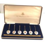 Boxed set of 6 silver and enamel spoons birmingham silver hallmarks with gold gilt by the Birmingham