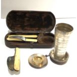 Important rare boxed travel set includes Sampson Mordan Sterling Silver Collapsible Beaker Cup c1886