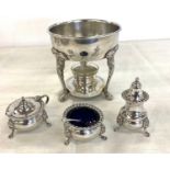Silver plated dish warmer and a silver plated cruet set