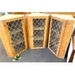 3 Pine wall hanging corner cabinets with leaded doors