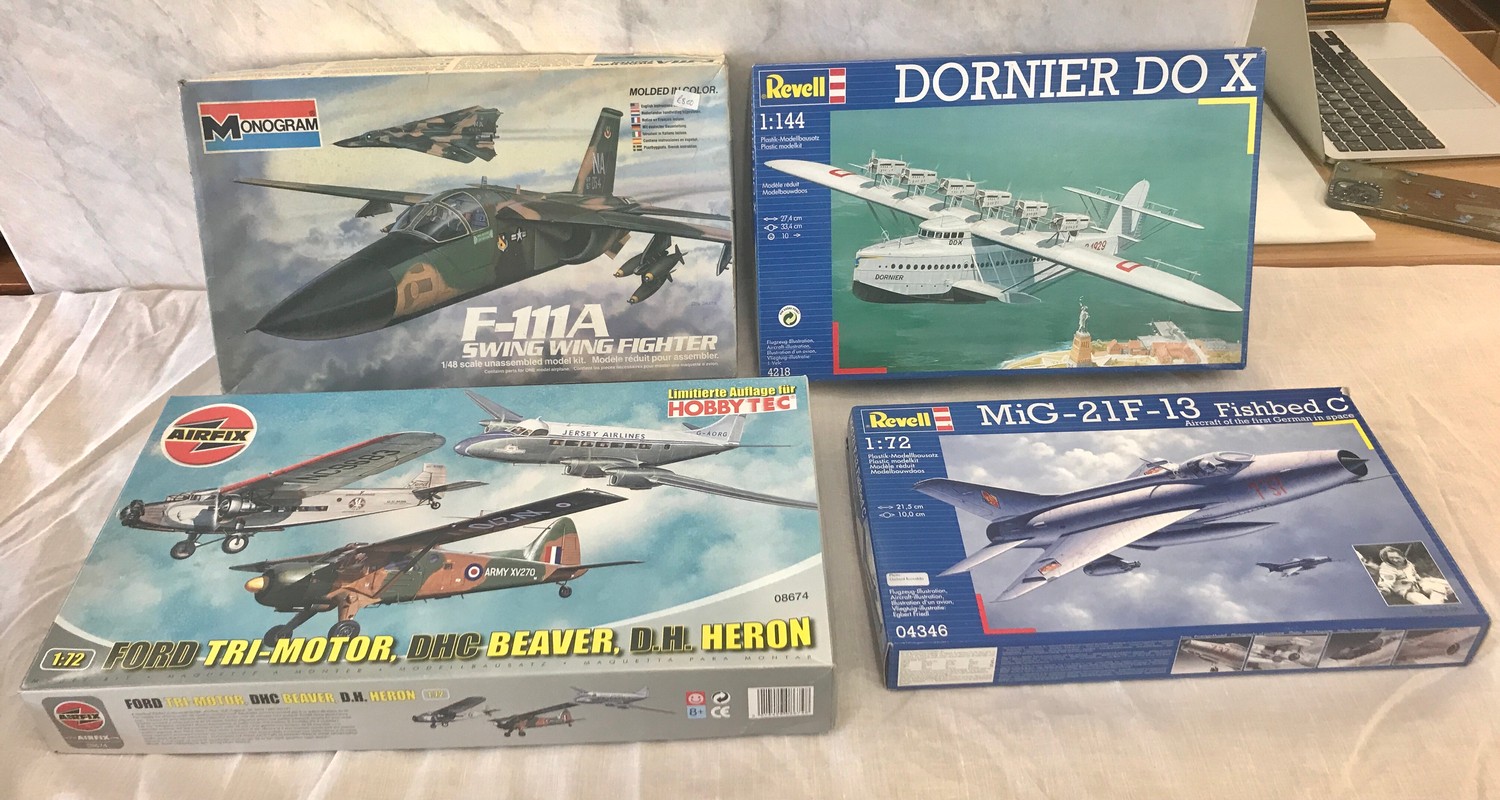 Selection of aircraft models in original boxes, Mongram F-111A Swing wing fighter, Revell Dornier Do
