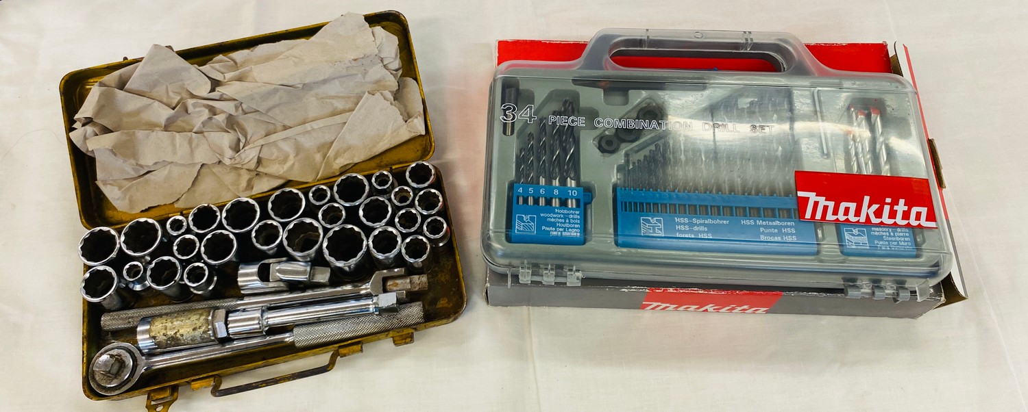 Hilka socket set and a makita 13 piece drill set