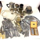Large selection silver plate pieces to include cutlery, teapot, tankards, hip flask etc