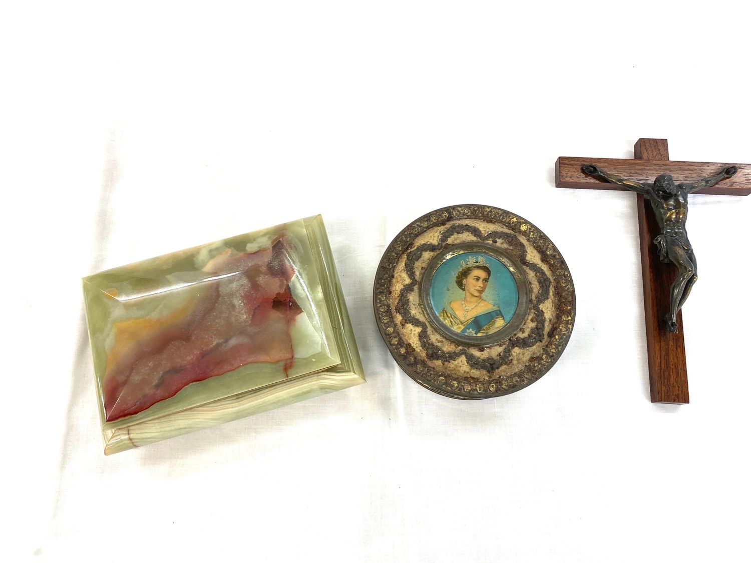 Onyx Cigarette box, large crucifix and a commemorative tin