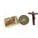 Onyx Cigarette box, large crucifix and a commemorative tin