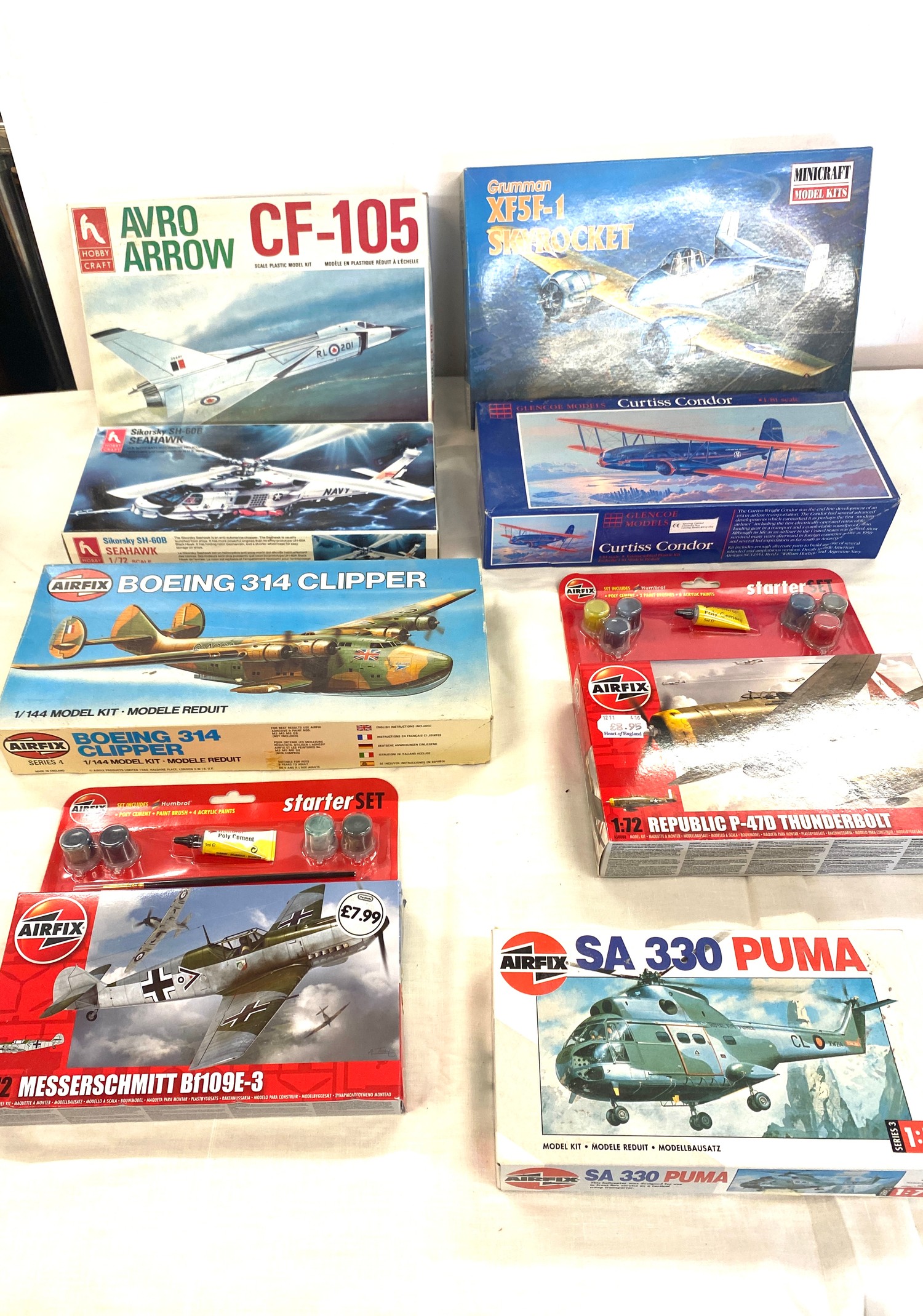 Selection of 8 boxed airfix models to include, Airrow CF-105, Airfix Boeing 314 clipper, Hobby craft