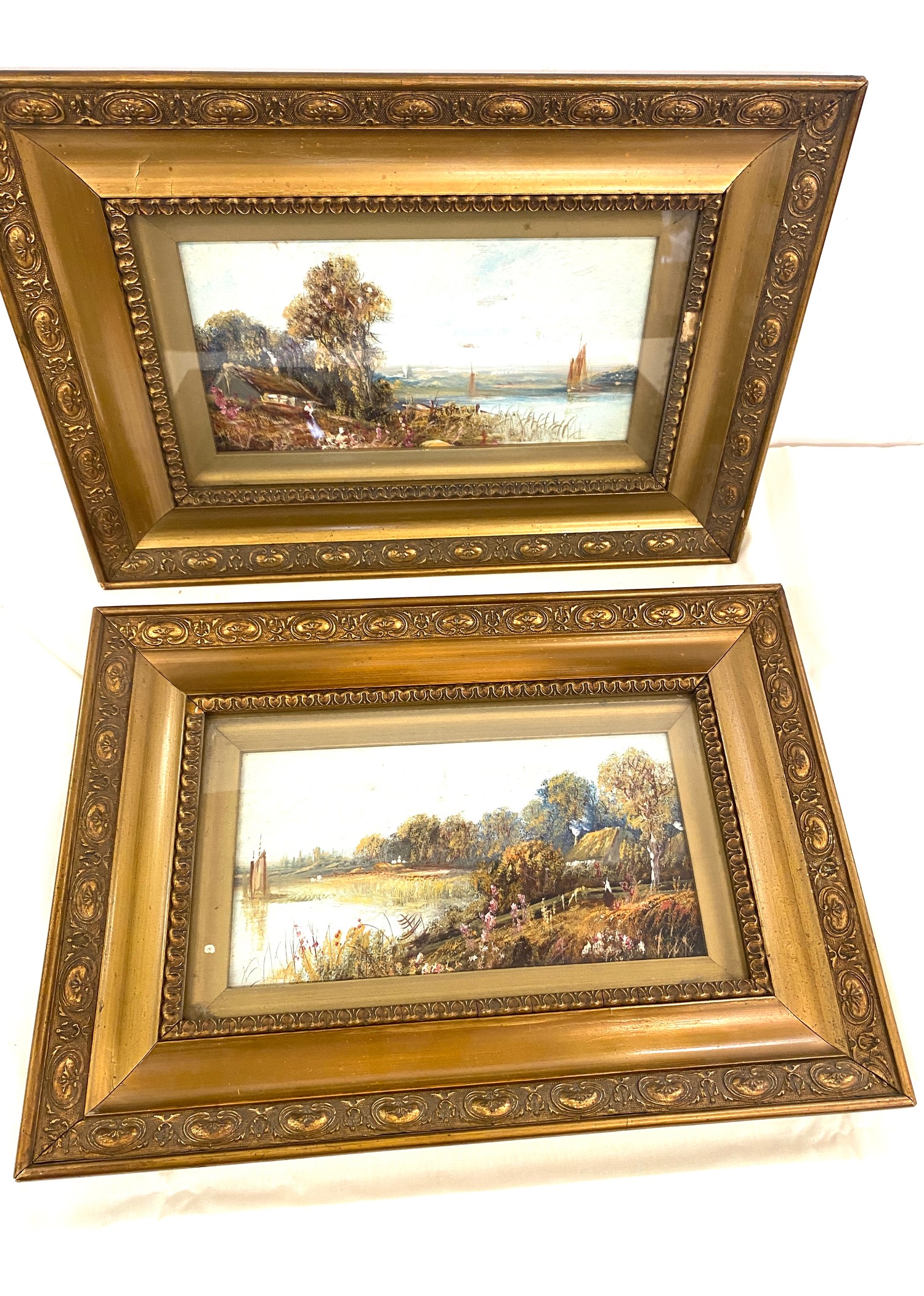 2 Gilt framed oil on board antique pictures